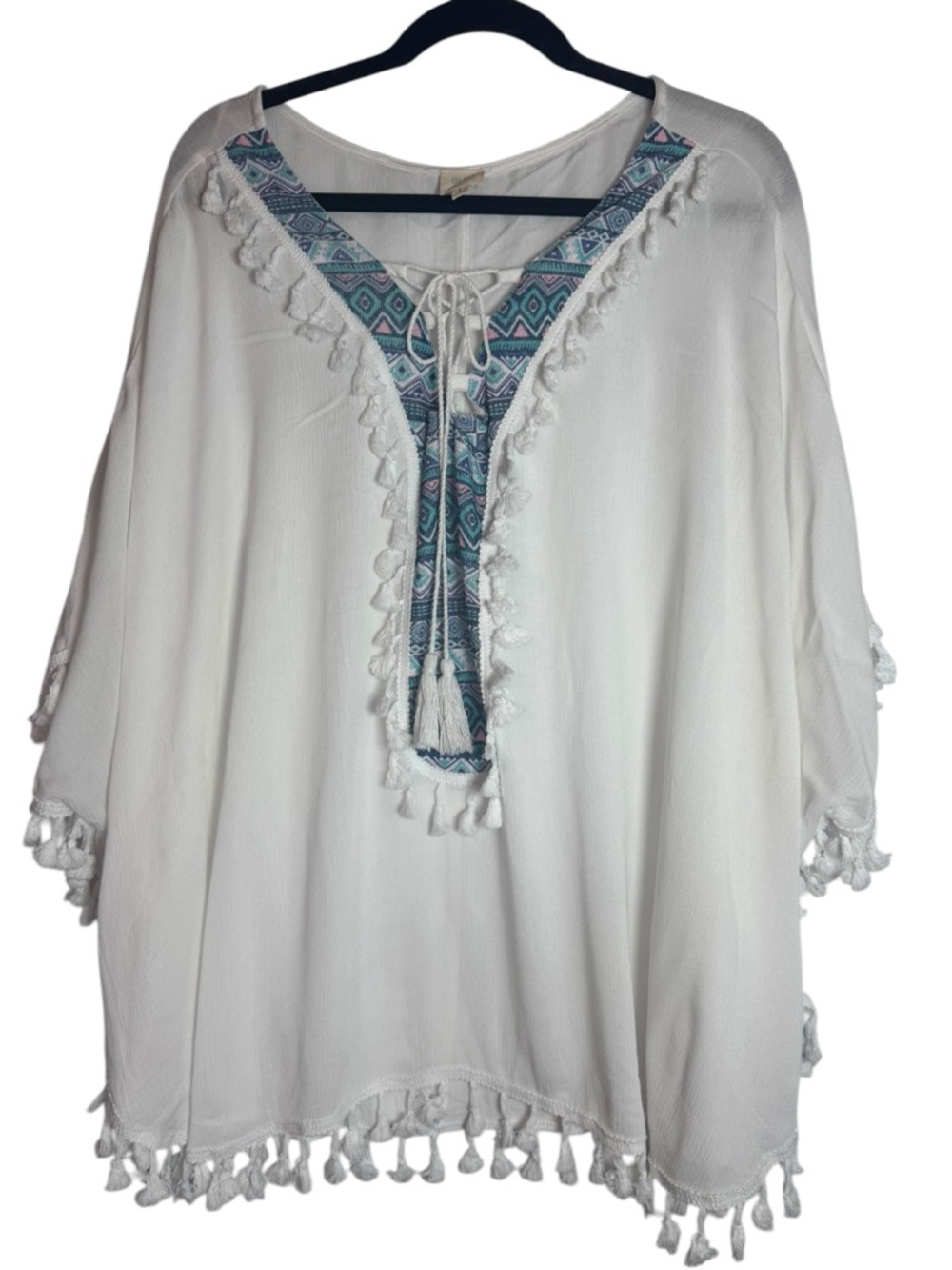 Surf Gypsy White Tassel-Trim Swim Small Coverup with Blue-Green Front Accents